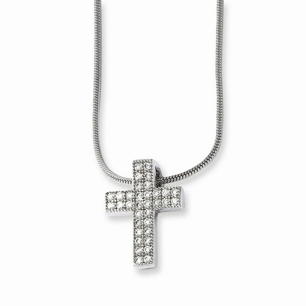 Sterling Silver & Cz Brilliant Embers Polished Cross Necklace 